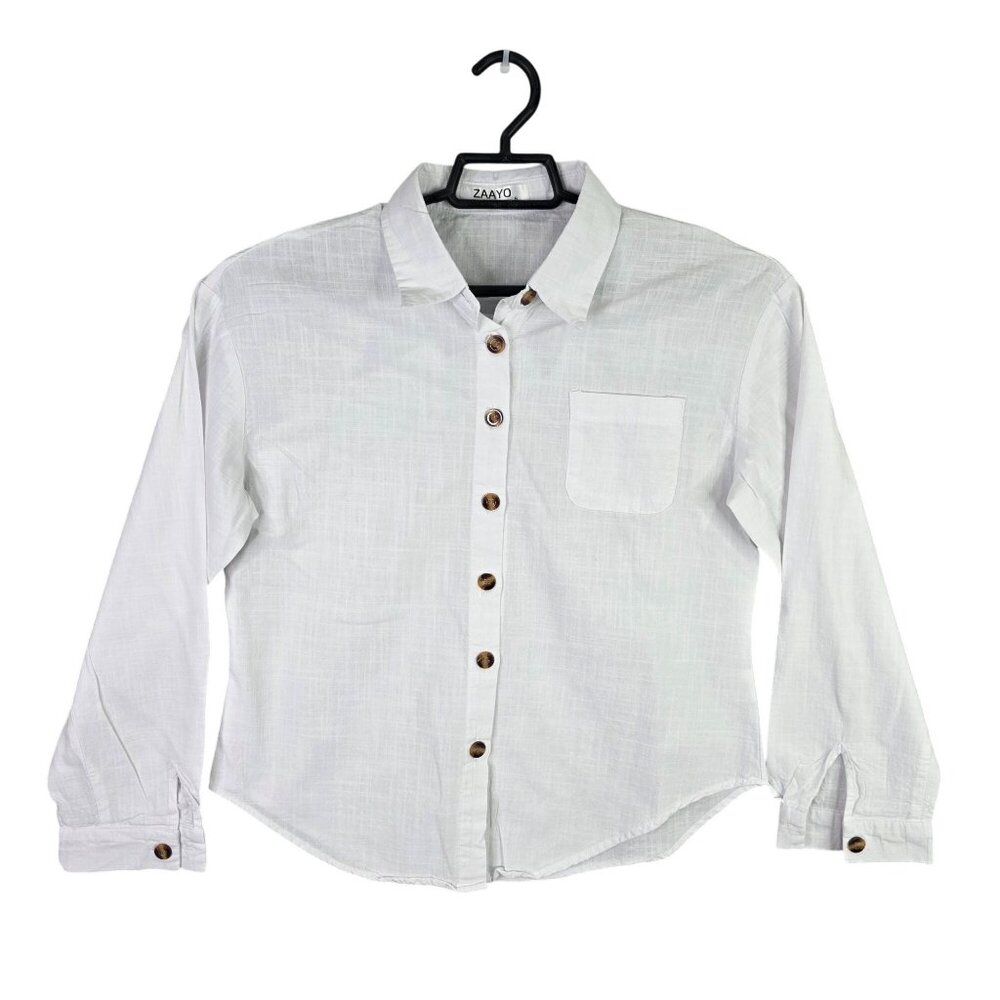 Womens Zaayo White Shirt Brown Button Up Long Sleeve 100% Cotton Size S